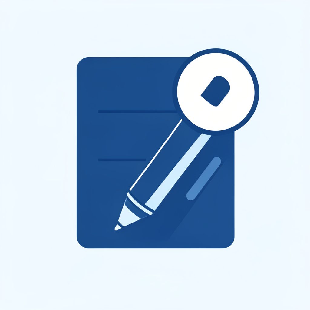 Flat vector icon of a document with a pen, white circle badge