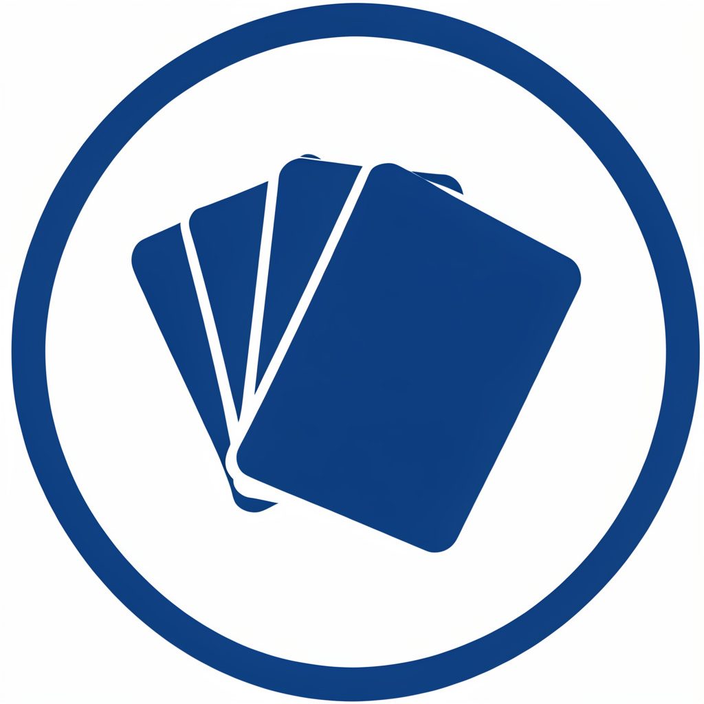 Flat vector icon of a stack of game cards fanned out, white circle badge