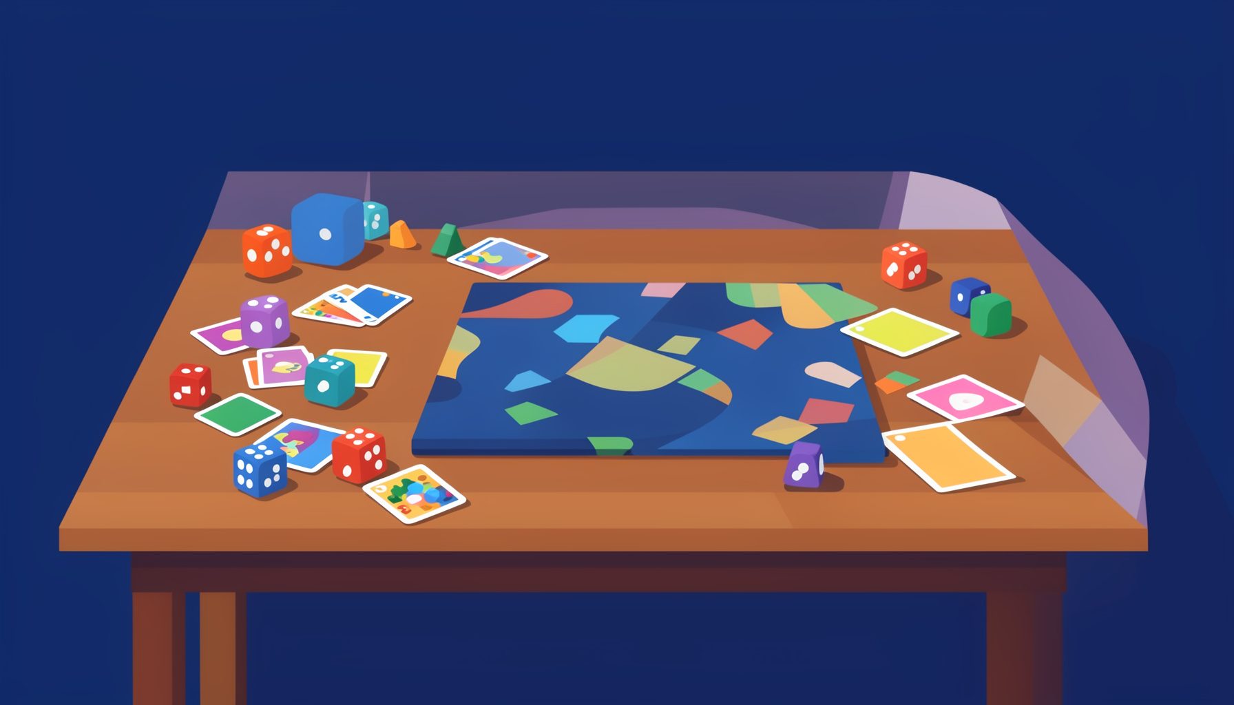 A flat vector illustration of a tabletop gaming scene with colorful dice, cards, miniatures, and a game board spread across a wooden table, set against a warm navy-blue backdrop with soft lavender accents