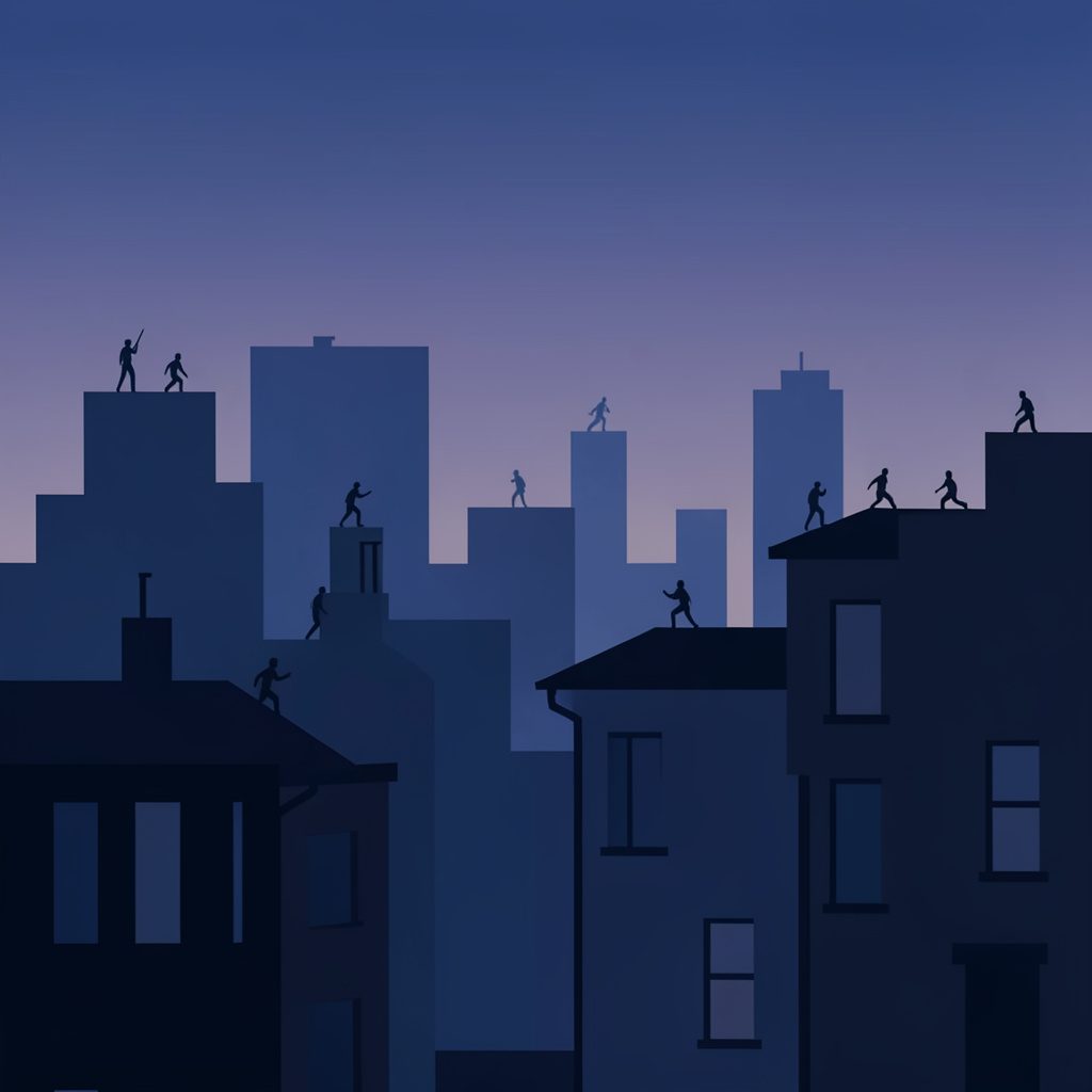 A flat vector illustration of a moody city skyline at dusk in deep blues and muted purples, with scattered miniature silhouettes positioned across rooftops and alleyways, evoking a tense urban pursuit