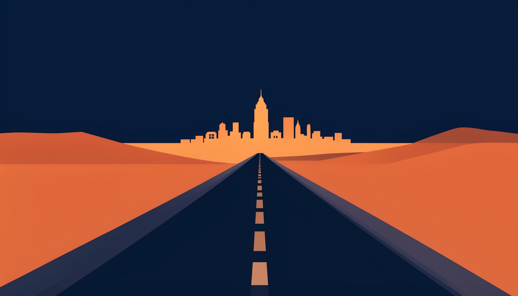A flat vector illustration of a dusty post-apocalyptic desert highway stretching toward a distant glowing city silhouette, warm orange and rust tones against a dark navy sky