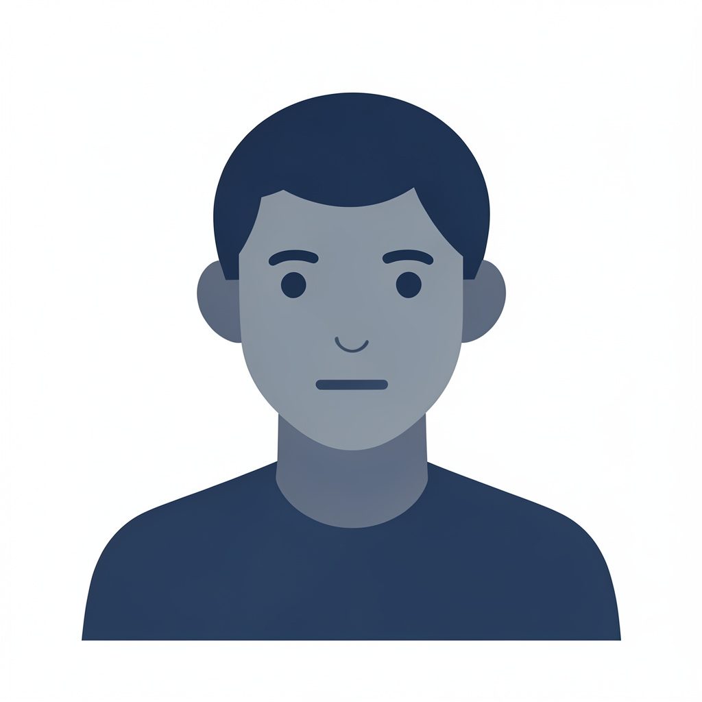 A flat vector avatar icon in muted navy and slate tones, simple geometric portrait style