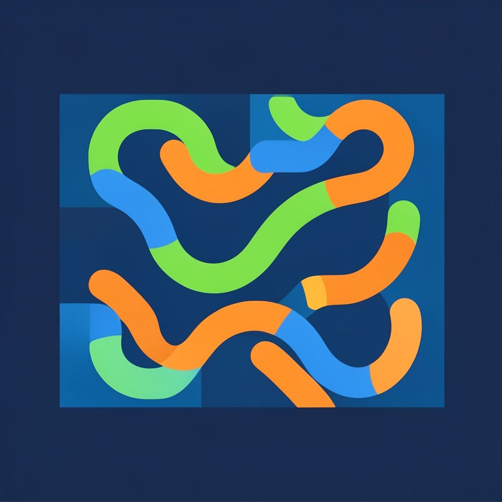 A flat vector illustration of a colorful tile-laying board game with winding worm-like paths in bright green, orange, and blue against a dark tabletop background, evoking playful competition.