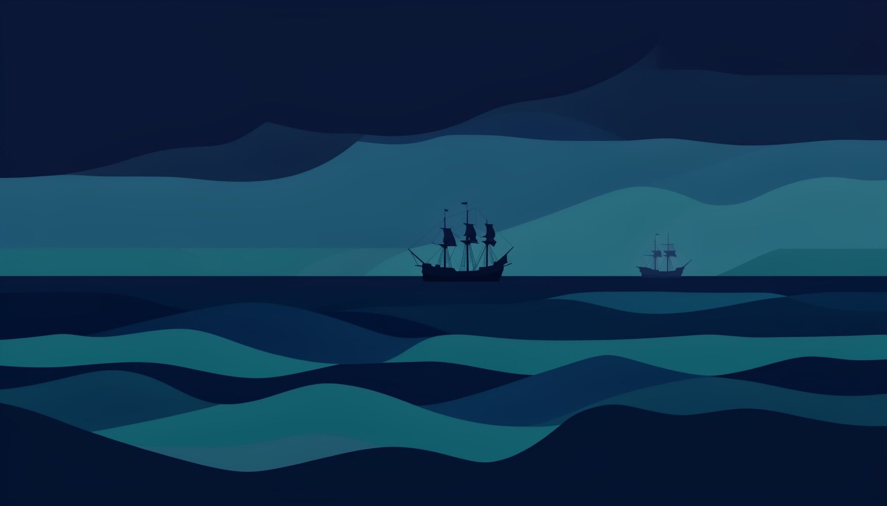 A dark atmospheric seascape with rolling waves under a stormy sky, deep navy blues and muted teals, a distant galleon silhouette on the horizon